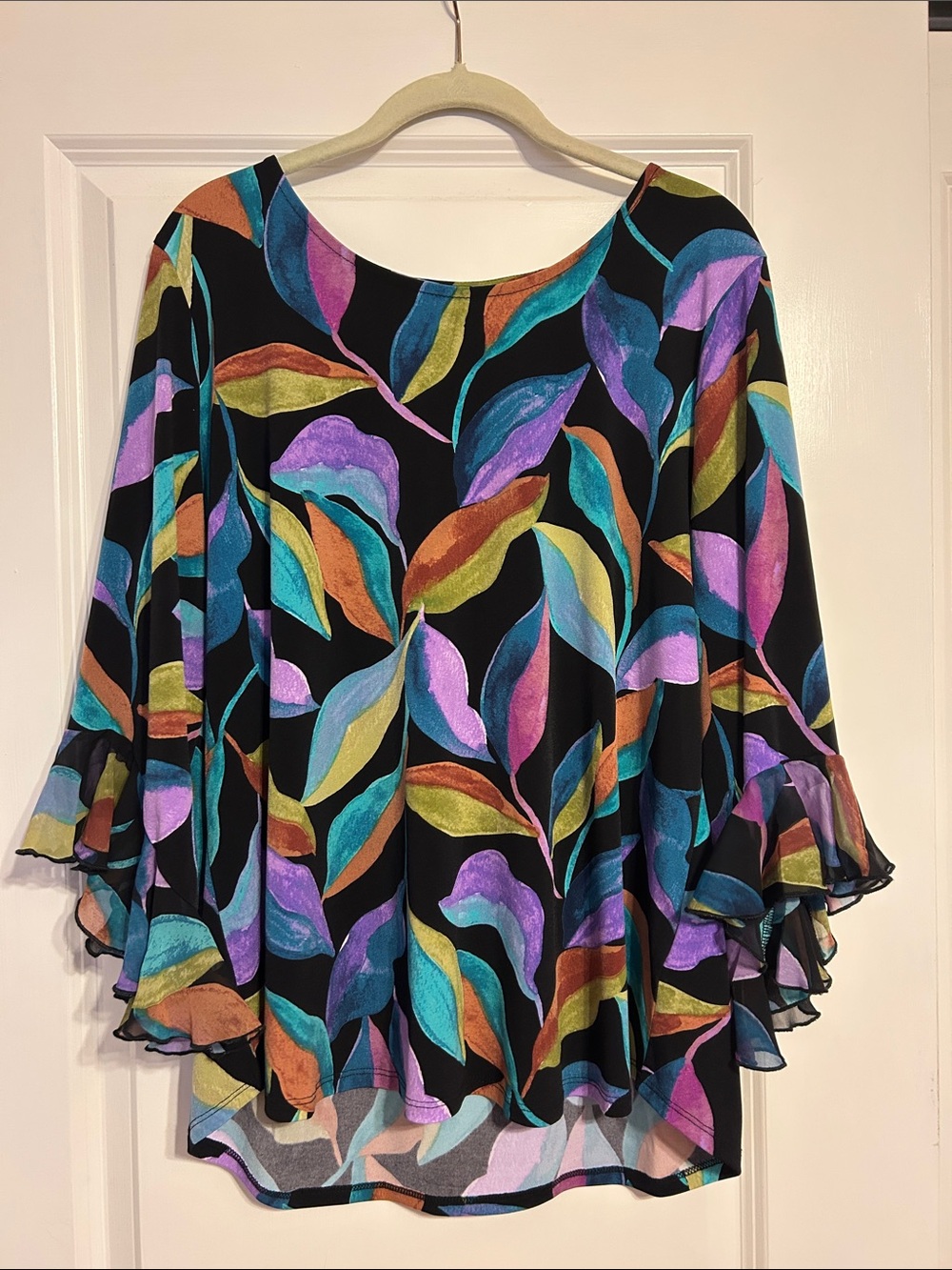 Susan Graver Multicolor Leaf-Print Ruffle-Sleeve Tunic